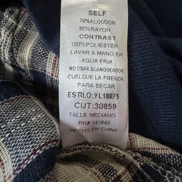 Self navy Blue long sleeved split back T-shirt with linen plaid underlay M - Picture 8 of 9